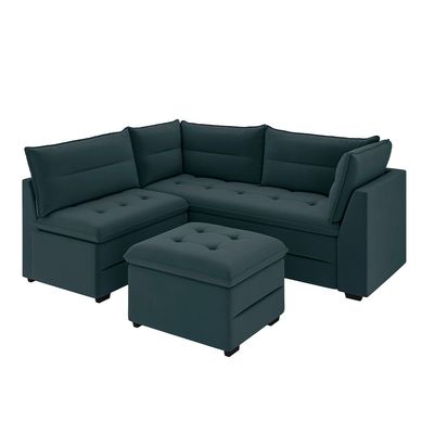 Sofá Modular de Canto 4 Lugares Luizzi Quebec com Pufe e Revestimento em Suede 408cm de Largura Petróleo