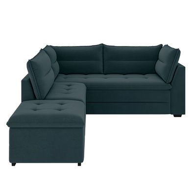 Sofá Modular de Canto 4 Lugares Luizzi Quebec com Pufe e Revestimento em Suede 408cm de Largura Petróleo