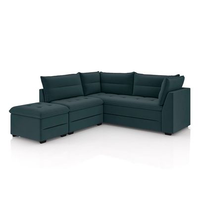 Sofá Modular de Canto 4 Lugares Luizzi Quebec com Pufe e Revestimento em Suede 408cm de Largura Petróleo