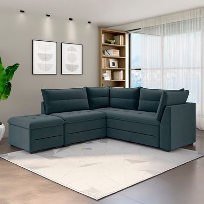 Sofá Modular de Canto 4 Lugares Luizzi Quebec com Pufe e Revestimento em Suede 408cm de Largura Petróleo