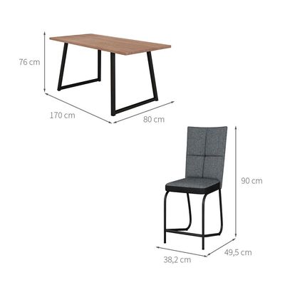 Conjunto de Mesa Retangular com Tampo de MDP Amadeirado Atlanta e 6 Cadeiras Mônaco Revestimento Sintético Cinza e Preto