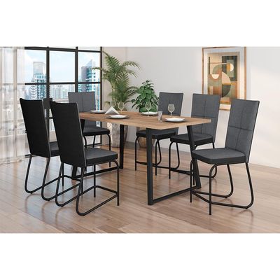 Conjunto de Mesa Retangular com Tampo de MDP Amadeirado Atlanta e 6 Cadeiras Mônaco Revestimento Sintético Cinza e Preto