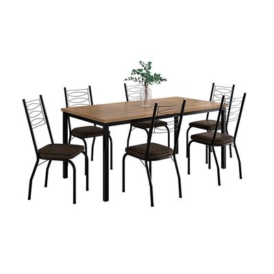 Conjunto de Mesa Retangular com Tampo de MDP Amadeirado e 6 Cadeiras Adriana I Revestimento Sintético Imbuia e Preto