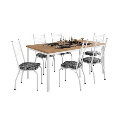 Conjunto de Mesa Retangular com Tampo de MDP Amadeirado e 6 Cadeiras Adriana I Revestimento Sintético Silver e Branco