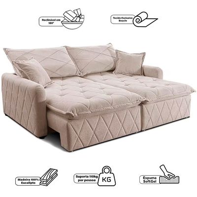 Sofá 3 Lugares Cama inBox Sublime Retrátil e Reclinável Revestido em Bouclé 180cm de Largura Bege Claro