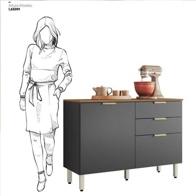 Balcão Para Cozinha 120cm 2 Portas 2 Gavetas Olga Amêndola Grafito