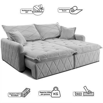 Sofá 3 Lugares Cama inBox Sublime Retrátil e Reclinável Revestido em Bouclé 180cm de Largura Cinza Claro