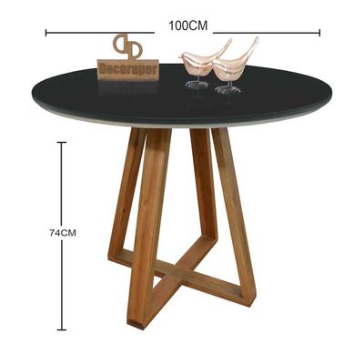 Mesa Jantar Base X Tampo Redondo Laca Com Vidro 100cm Preto