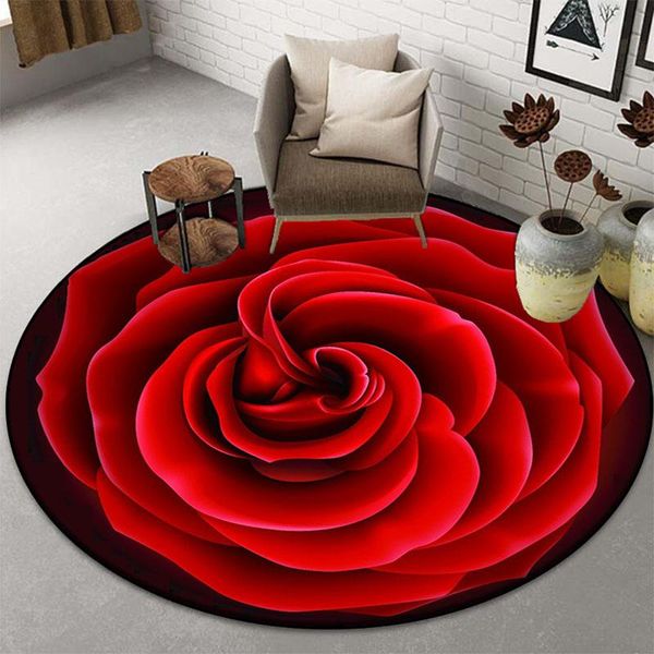 Tapete Redondo Luxuoso com Padrão de Rosas Vermelhas 60X60cm