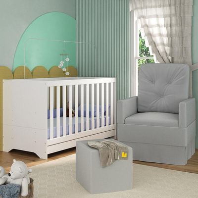 Berço 3 Em 1 Com Colchão Poltrona Amamentação E Puff Multimóveis Mp4160 Branco/cinza Branco/cinza