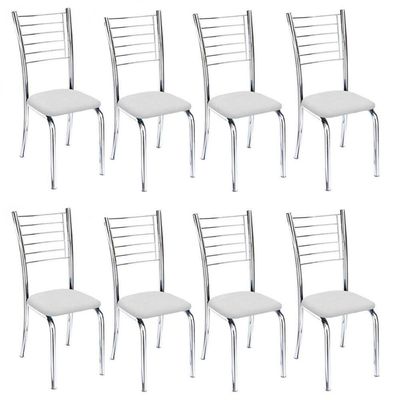Kit 8 Cadeiras De Jantar Lara Cromada Para Cozinha Assento Corino Branco - Aurora Line