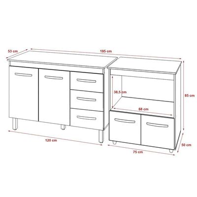 Balcão Armário Gabinete Bruna 118 Cm Preto Com Tampo E Balcão Amanda Para Forno E Microondas Preto