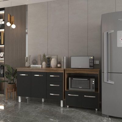 Balcão Armário Gabinete Bruna 118 Cm Preto Com Tampo E Balcão Amanda Para Forno E Microondas Preto