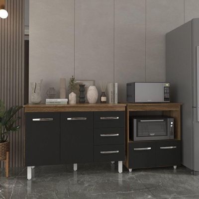 Balcão Armário Gabinete Bruna 118 Cm Preto Com Tampo E Balcão Amanda Para Forno E Microondas Preto