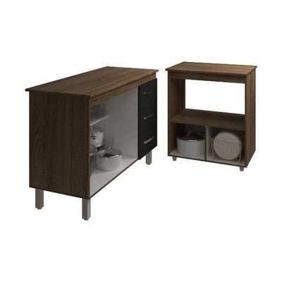 Balcão Armário Gabinete Bruna 118 Cm Preto Com Tampo E Balcão Amanda Para Forno E Microondas Preto