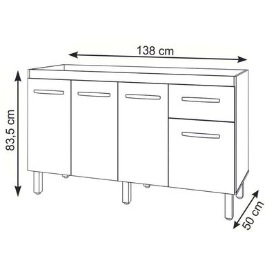 Balcão Cozinha Armário Gabiente Pia De 140 Cm Com 4 Portas E 1 Gavetas Camila Preto