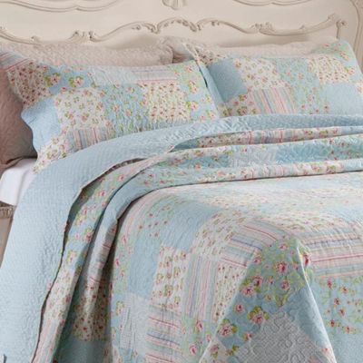 Kit Cobre Leito Colcha Daily Casal 3 Peças Dupla Face Estampado Floral Patchwork Azul 10 100% Poliéster