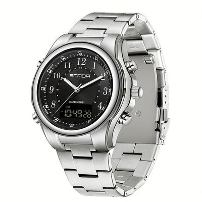 Relógio Masculino Fashion Pulseira De Aço Inoxidável Resistente À Água 50m Prateado Preto A