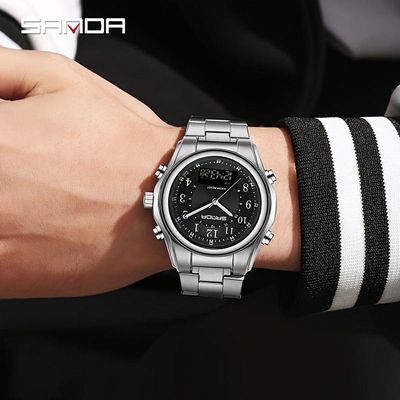 Relógio Masculino Fashion Pulseira De Aço Inoxidável Resistente À Água 50m Prateado Preto A