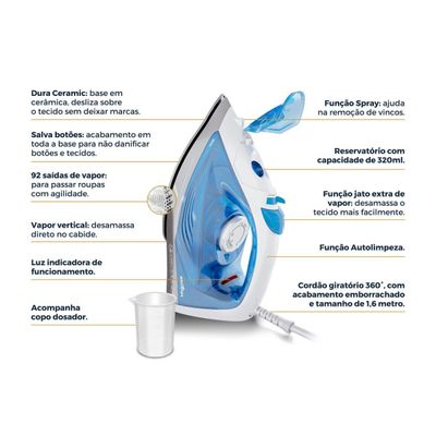 Ferro de Passar a Vapor Britânia 320ml Base em Cerâmica BFV70 127V