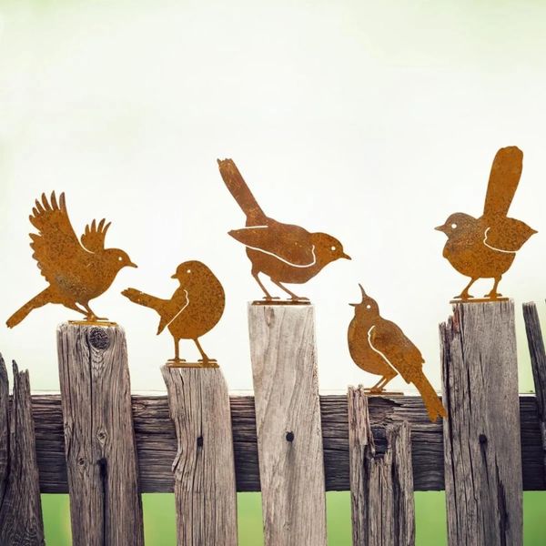 Decorações de Pássaros de Metal para Cerca ao Ar Livre - Silhueta de Corvo marrom