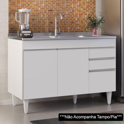 Balcão Gabinete Para Pia 120cm sem Tampo 3 Portas 2 Gavetas Michigan Branco - Lumil