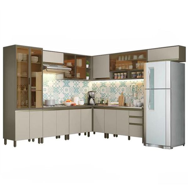 Armário de Cozinha Modulada de Canto Com Cristaleira 11 Peças Perfect H02 Duna/Cristal - Mpozenato