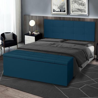 Kit Cabeceira Painel E Calçadeira Baú Casal 1,40m Roma Suede Azul Marinho Sky Mobile