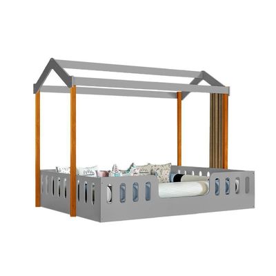 Cama Com Colchão Montessoriana Casal Infantil ágatha Cinza E Amêndoa Incluso Luminária