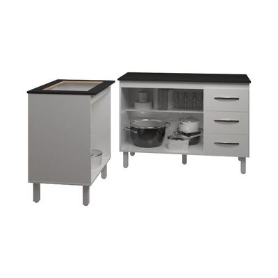 Balcão Para Cooktop 4 Bocas Fran Branco E Armário Bruna 118 Cm Cozinha Gabinete Branco Com Tampo Tampão Preto
