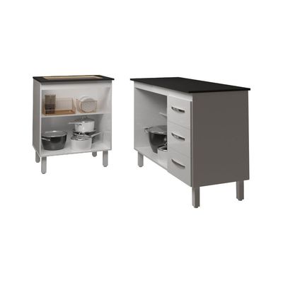Balcão Para Cooktop 4 Bocas Fran Branco E Armário Bruna 118 Cm Cozinha Gabinete Branco Com Tampo Tampão Preto