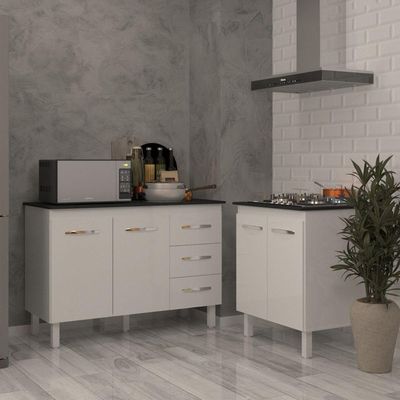 Balcão Para Cooktop 4 Bocas Fran Branco E Armário Bruna 118 Cm Cozinha Gabinete Branco Com Tampo Tampão Preto