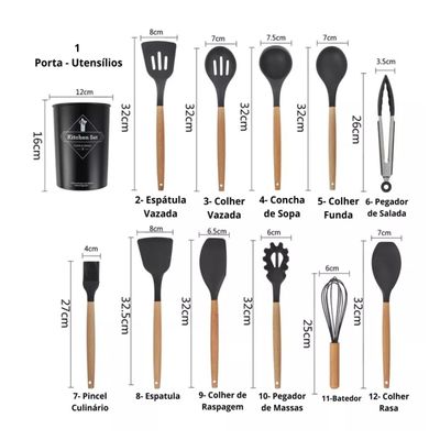 Conjunto De Cozinha De Silicone Concha Pegador Espatula Preto e Cinza Cinza