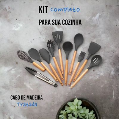 Conjunto De Cozinha De Silicone Concha Pegador Espatula Preto e Cinza Cinza