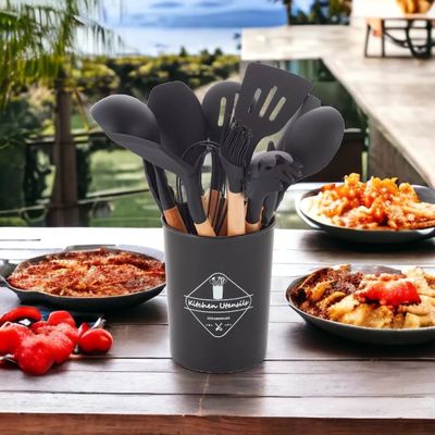Conjunto De Cozinha De Silicone Concha Pegador Espatula Preto e Cinza Cinza
