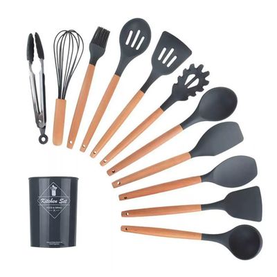 Conjunto De Cozinha De Silicone Concha Pegador Espatula Preto e Cinza Cinza