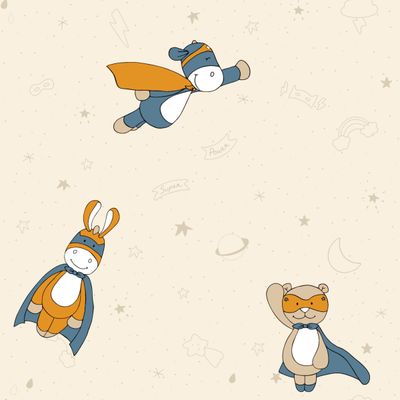 Papel de Parede Fofura Baby Ursinhos Super Heróis Bege e Azul FF4042