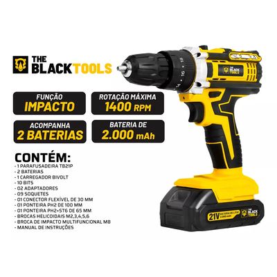 Parafusadeira Furadeira De Impacto Profissional 21v Modelo TB21PX 2 Baterias Com Maleta The Black Tools 110 220V 60Hz Am