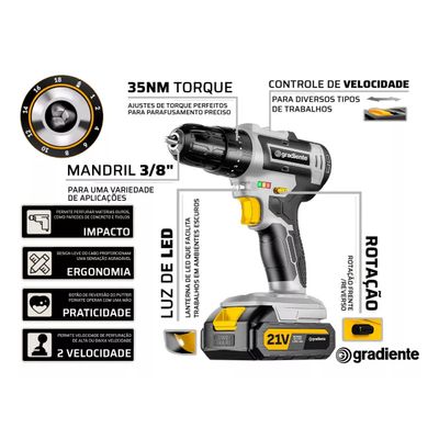 Parafusadeira E Furadeira Impacto Gradiente Gpb21vw 21v 3/8 Cor Amarelo Frequência 50/60 Hz 110v/220v