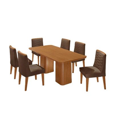 Mesa De Jantar Eloise 180cm Tampo MDF Com 6 Cadeira Moderna Veludo Marrom Naturalle
