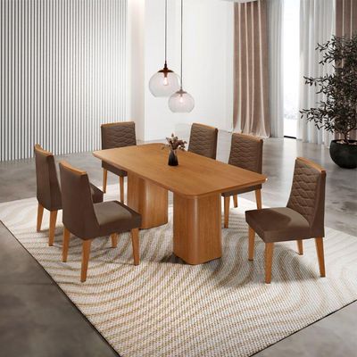 Mesa De Jantar Eloise 180cm Tampo MDF Com 6 Cadeira Moderna Veludo Marrom Naturalle