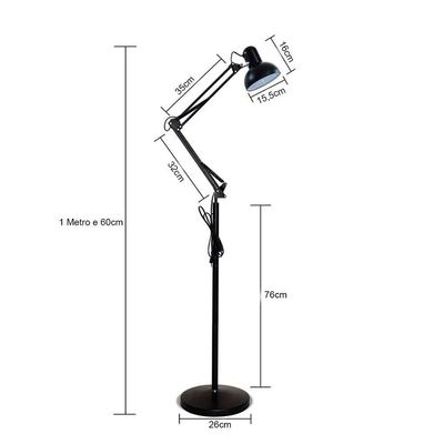 Luminaria Abajur Chao Articulada Pedestal Metal E27 Iluminaçao Quarto Sala Mesa Sofa Estudos Trabalho Leitura Decoraçao