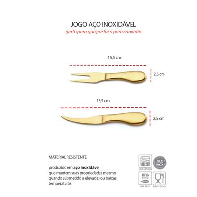 Faca Garfo Queijo Camarao Jogo Aço Inox Dourado 2un