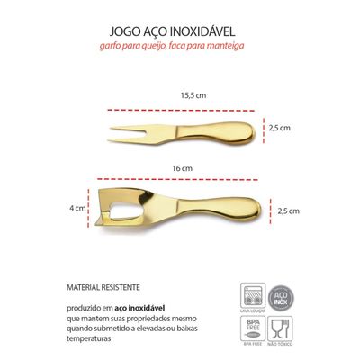 Faca Garfo Queijo Manteiga Jogo Aço Inox Dourado 2un