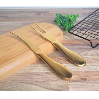 Faca Garfo Queijo Camarao Jogo Aço Inox Dourado 2un