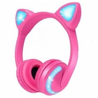 Fone De Ouvido Orelha De Gatinha Com 7 Cores Led Headphone Bluetooth P2 Rosa