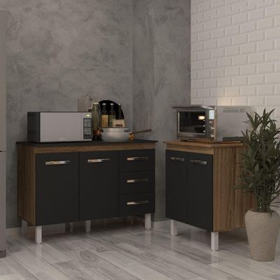Balcão Para Microondas Ou Forno E Armário Bruna 118 Cm Cozinha Gabinete Preto Com Tampo Tampão Preto