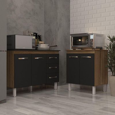 Balcão Para Microondas Ou Forno E Armário Bruna 118 Cm Cozinha Gabinete Preto Com Tampo Tampão Preto