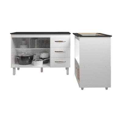 Balcão Armário Gabinete Bruna 118 Cm Branco Com Tampo Preto E Balcão Evelyn Para Cooktop 5 Bocas Branco