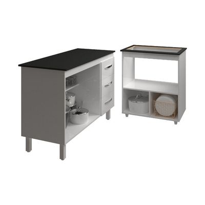 Balcão Armário Gabinete Bruna 118 Cm Branco Com Tampo Preto E Balcão Evelyn Para Cooktop 5 Bocas Branco
